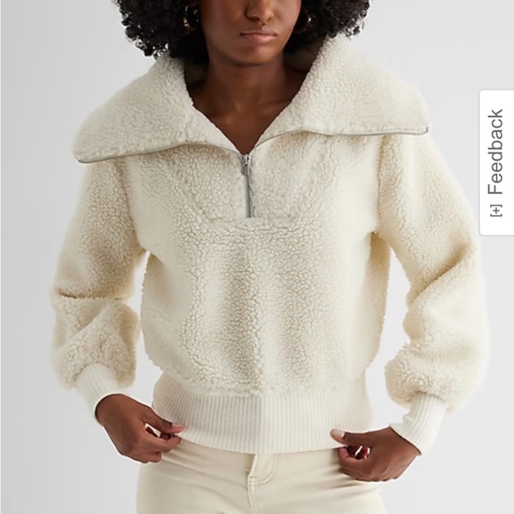 Express Sweater Fleece Teddy Pullover Cream Zip Up Oversized Collar NWT - Picture 1 of 7